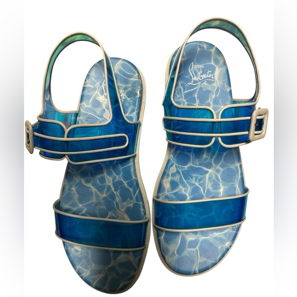 Christian Louboutin Nappa PVC Duniss Cool Flat Sandals Blanco/Blue Sz 39 - Picture 7 of 16